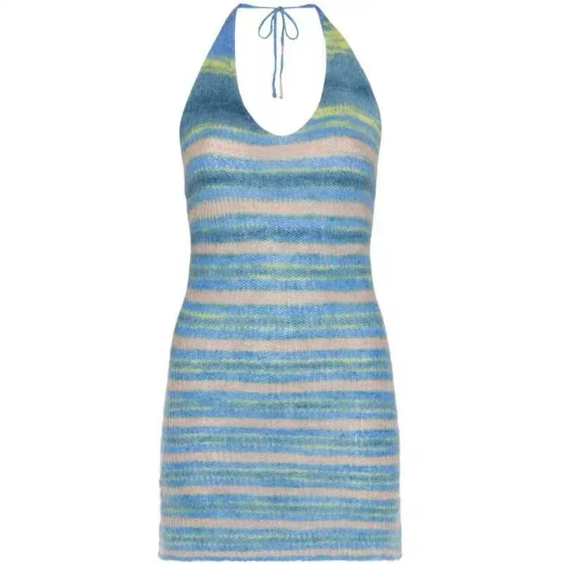 Summer Vneck Striped Halter Knit Beach Dress Backless Stretch French Slim Mini Dress All Match Clothes