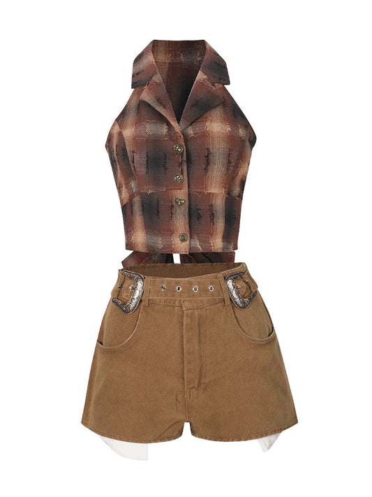Summer Korean Old Money 2000s Aesthetic Gyaru Suit Vacation Outfits 2 Piece Set Plaid Sleeveless Vest + Hot Shorts
