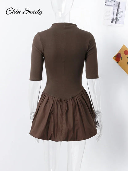 Knitted Patchwork Brown A-line Dress O-neck Short Sleeves Pleated Ruffles Mini Dresses Lady Vestidos