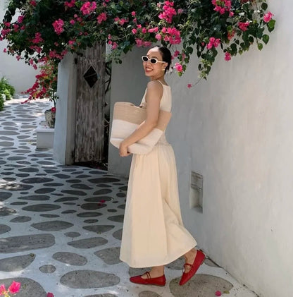Korean Summer New French Vacation Style Wrinkles Hugging Waist Stretching Sleeveless Strap Long Dresses