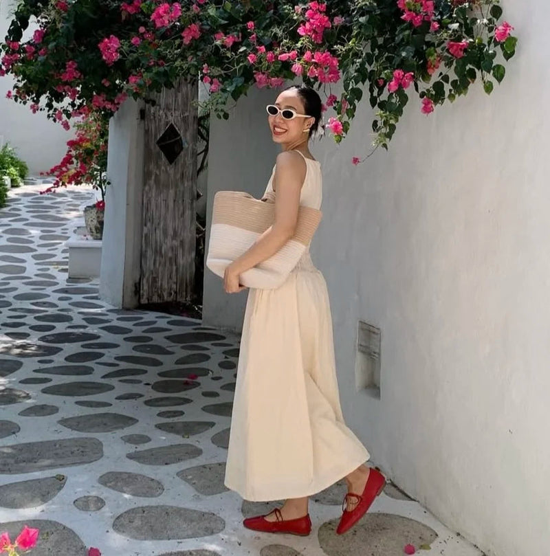 Korean Summer New French Vacation Style Wrinkles Hugging Waist Stretching Sleeveless Strap Long Dresses
