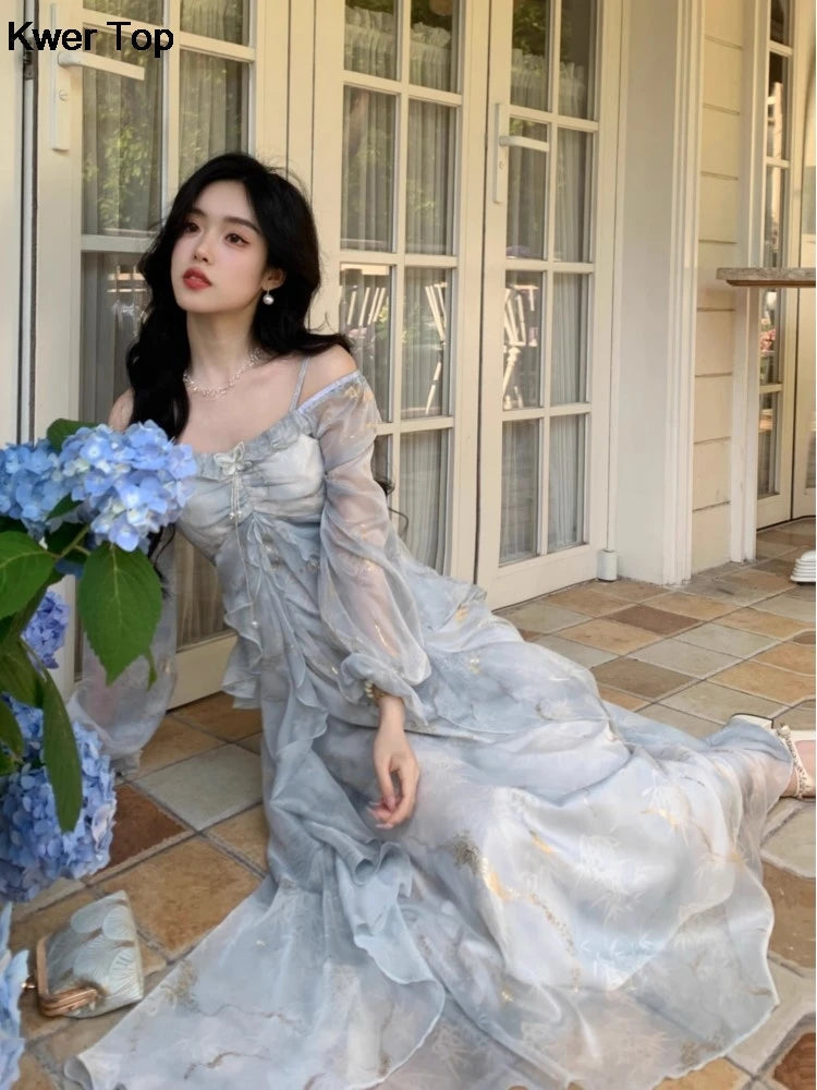 French Print Fairy Long Dresses Autumn New Ruffles Aline Party Birthday Vestidos Female One Piece Clothes