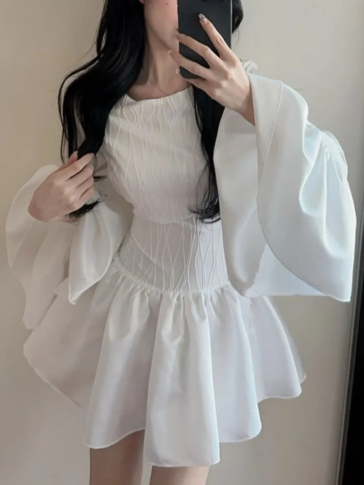 Y2k Sweet White Dresses Flare Long Sleeves Princess Ruffle Party Mini Dress Ball Gown Female Clothing New