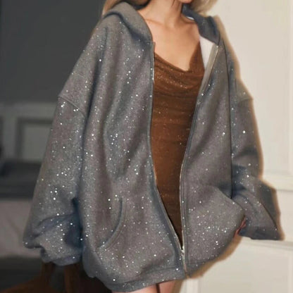Embellished Hoodies Gray Starry Sweatshirts Oversize Bright Zip Coat Gentle Versatile Cardigan