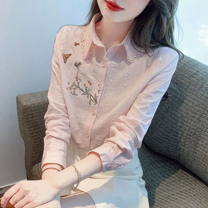 Embroidery Spring Autumn Blouses Shirts Lady Long Sleeve Turn-down Collar Color Blusas Tops Df4775