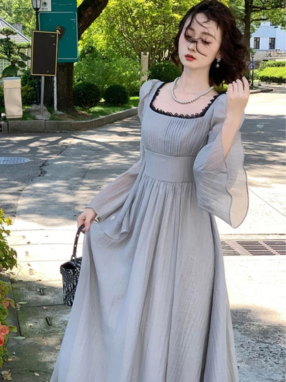 Autumn Princess Midi Dresses for Square Collar Flare Sleeve A-line Party Dress Slim Waist Korean One Piece Vestidos New