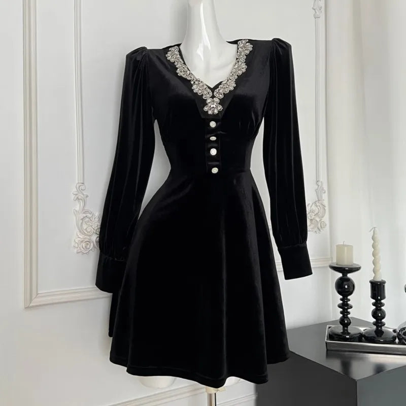 Evening Party Dresses Black Velvet Mini Dress Vneck Long Sleeve Aline French Autumn New Prom Vestidos Mujer