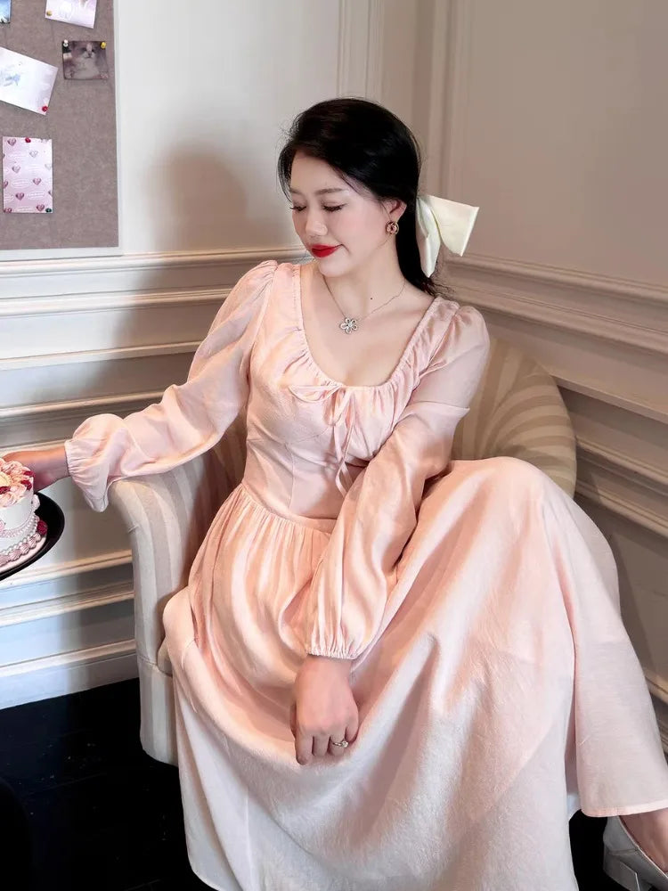 Pink Long Sleeved Dress Autumn Gentle Thin Goddess Gentle Princess Sweet Temperament Fairy Skirt Long Dresses