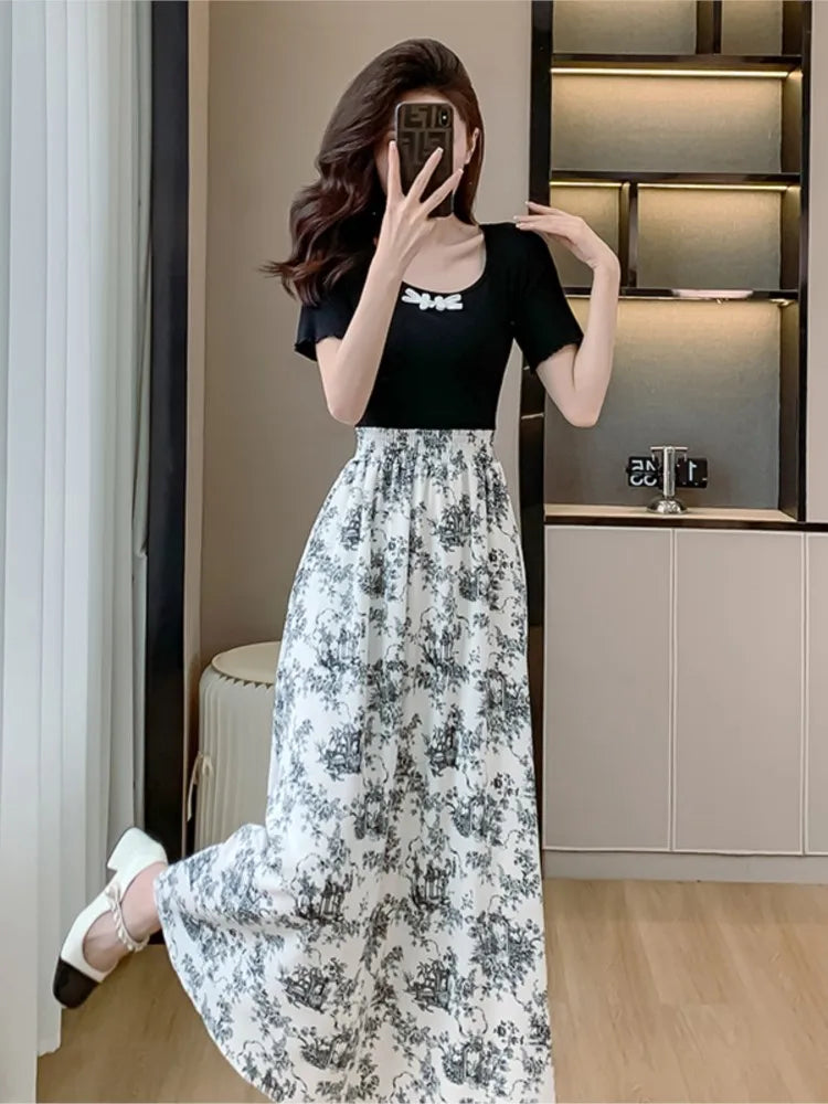 Dresses for Patchwork Aline Long Dress Print Chinese Style New Summer One Piece Vestidos