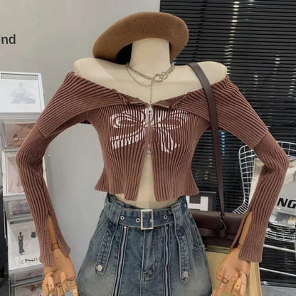 Bow Print Offshoulder Knitwear Gradient Cardigan Sweater Zipper Maillard Style Fairy Grunge Long Sleeve Top Y2k Clothes