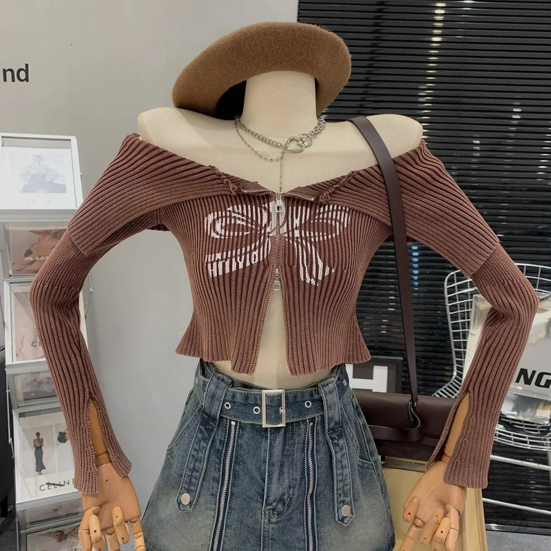 Bow Print Offshoulder Knitwear Gradient Cardigan Sweater Zipper Maillard Style Fairy Grunge Long Sleeve Top Y2k Clothes