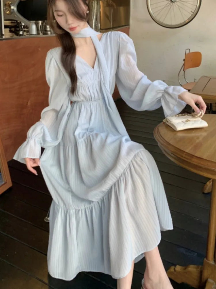 Autumn Midi Dresses for V-neck Flare Sleeves A-line Korean French Vestidos Mujer New