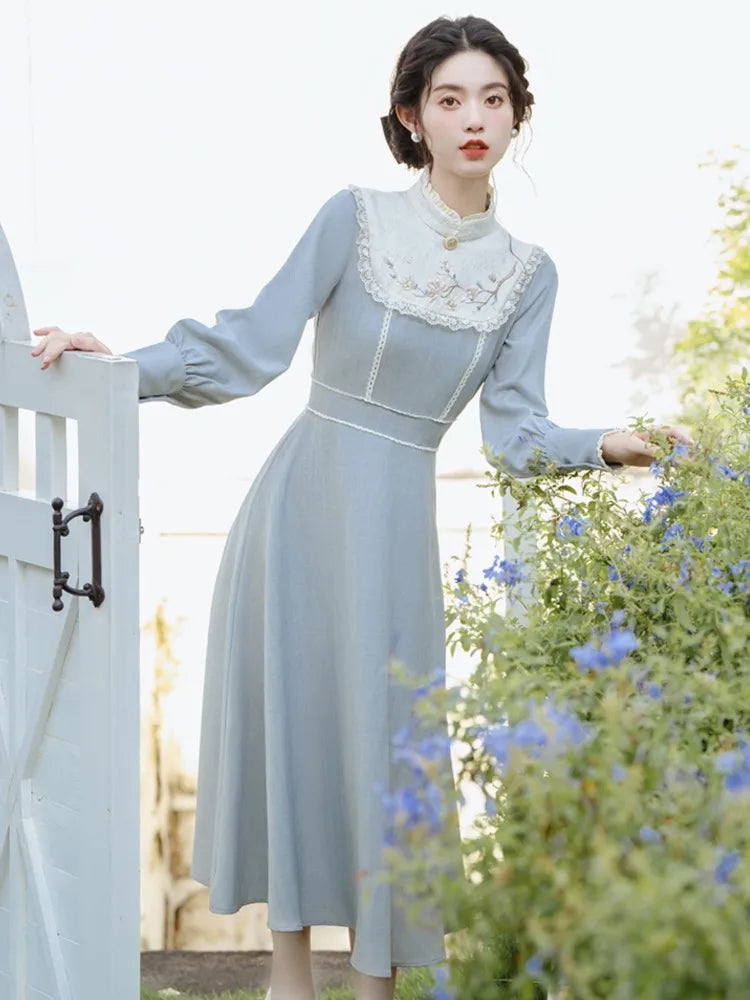 Midi Dresses Woman Autumn Retro French Style Embroidery Lantern Sleeve Slim Evening Party Robe Vestido