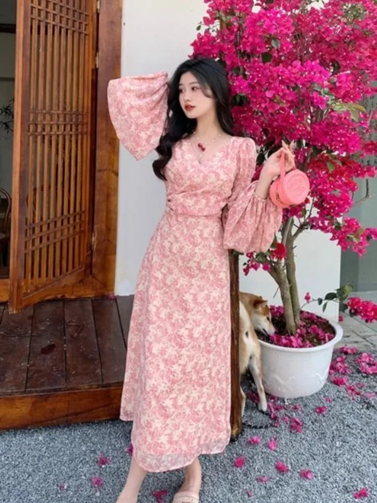 Long Sleeve Printed Midi Dress Woman Ol Dress Korean Autumn Beach Evening Party Dress Female