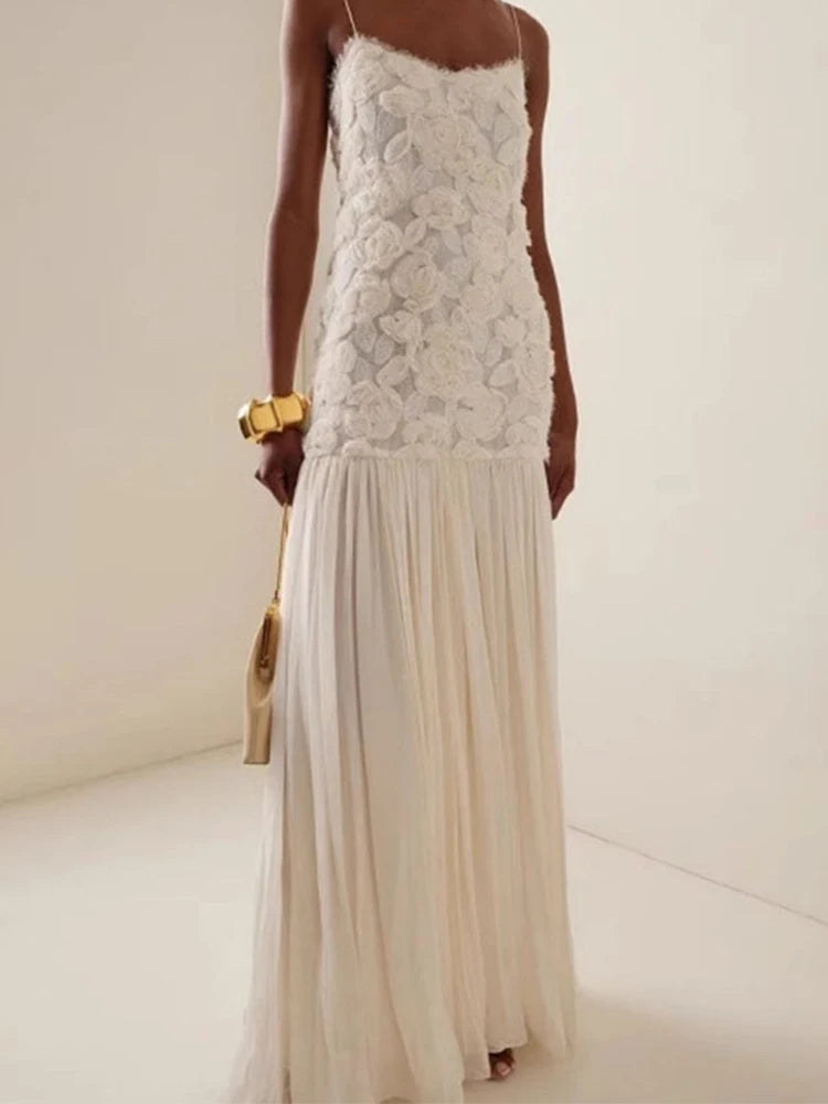 3d Sling Long Dress Retro White Backless Pleated Maxi Evening Dresses Female Spring Street Party