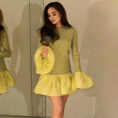 Knitted Mini Dress Female Long Sleeves Gown Flare Sleeves Spliced Autumn Winter Dress A-line Sweet Bodycon Clothes
