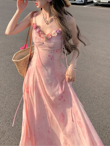 Summer French Spaghetti Strap Mini Dress Flower Frocks Party Evening Onepiece Y2k