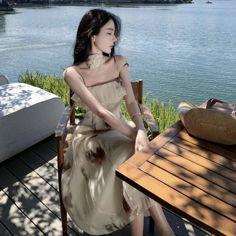 French Dress Summer New Chiffon Sleeveless Rose Print Backless Midi Dress Spaghetti Strap Dresses