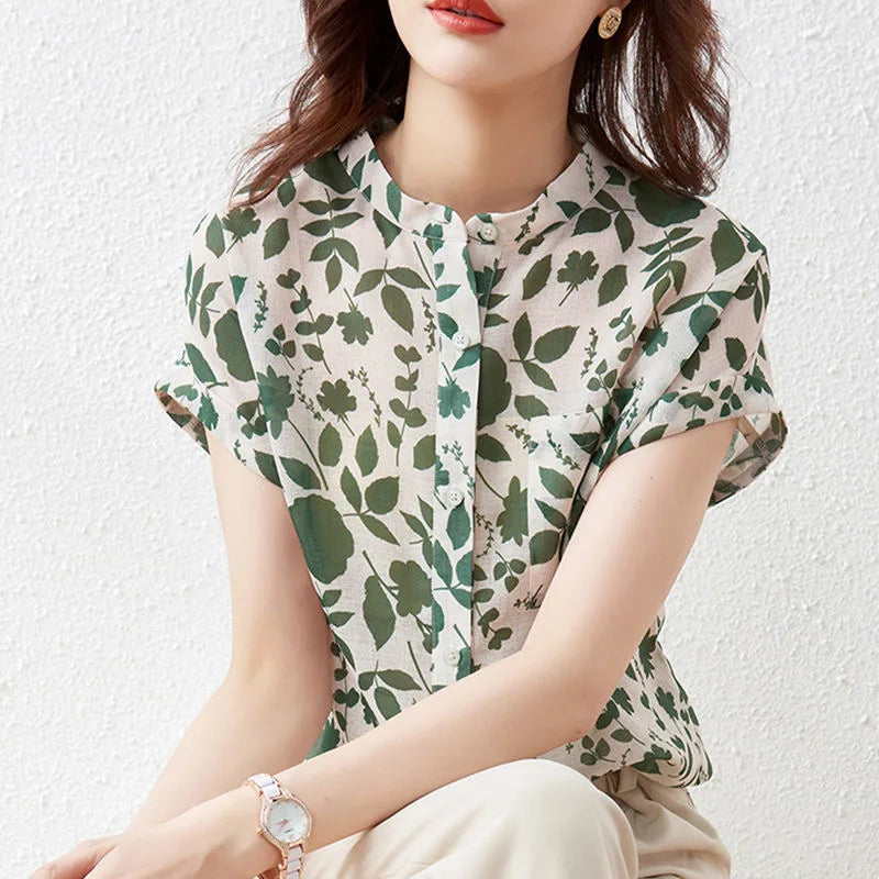 Summer Style Blouses Tops Lady Short Sleeve Stand Collar Flower Printed Blusas Tops Sp1498