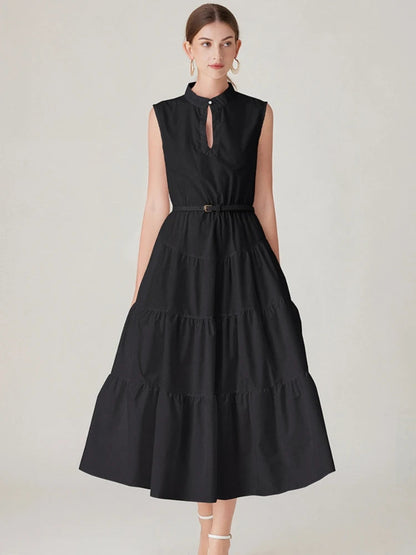 Simple Long Dress for Sleeveless Pearls Stand Collar Belt Ruffles Evening Wedding Party Vacation Vestidos