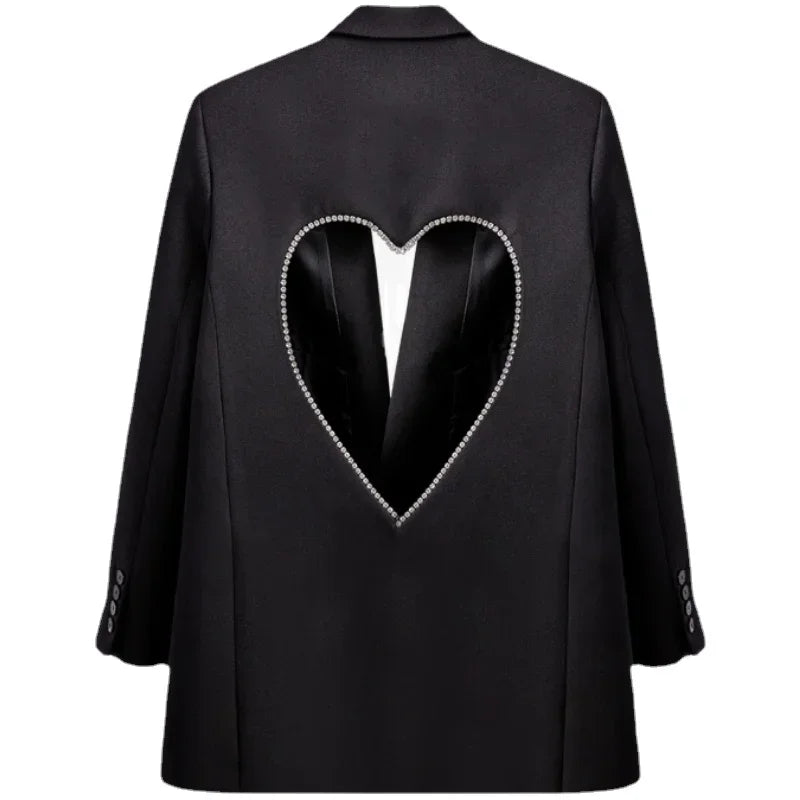 Black Blazers for Patchwork Diamond Heart Pattern Notched Long Sleeve Coats Female Autumn Clothes
