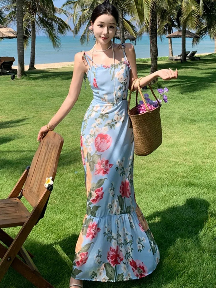 French Style Print Dresses Spaghetti Strap Bodycon Party Long Dress Summer Holiday Beach Vestidos Robe New