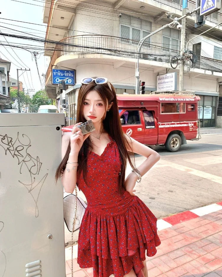 Woman Dresses Printed Sleeveless Halter Irregular Ruffles Bow Bandage Backless Mini Dress Sweet Party
