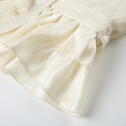 Peter Pan Collar Tiered Aline Blouse Sweet Slimming Back Tieup Bow Shirts Short Sleeve Top Summer