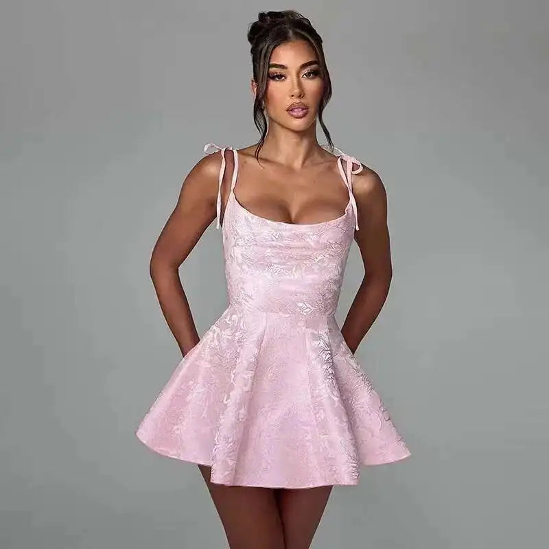 Bow Backless Jacquard a Line Mini Dress