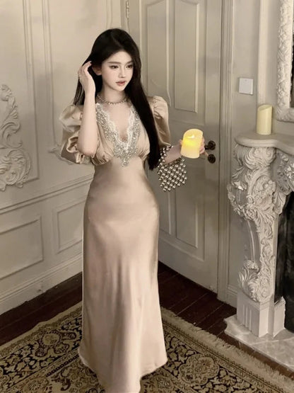 Summer Short Sleeve Lace Satin Vneck Maxi Dress French High End Waist Slimming Wrap Hip Evening Dress for