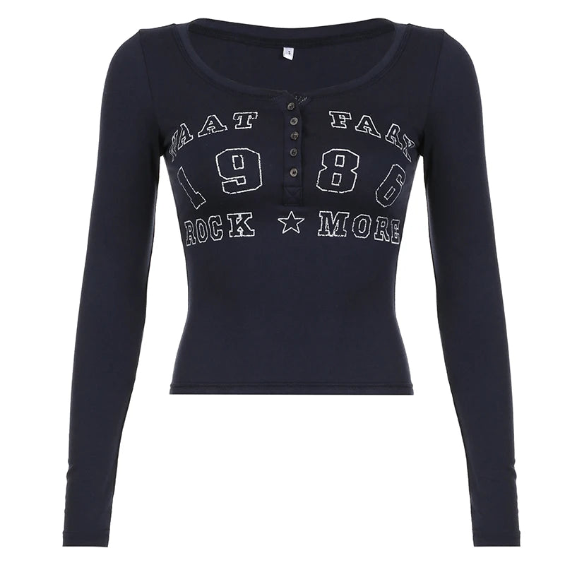 American Retro Letter Print Button V-neck Shirt ��s Autumn New Blouse Slim Basic Knitted Top Tees Fashio