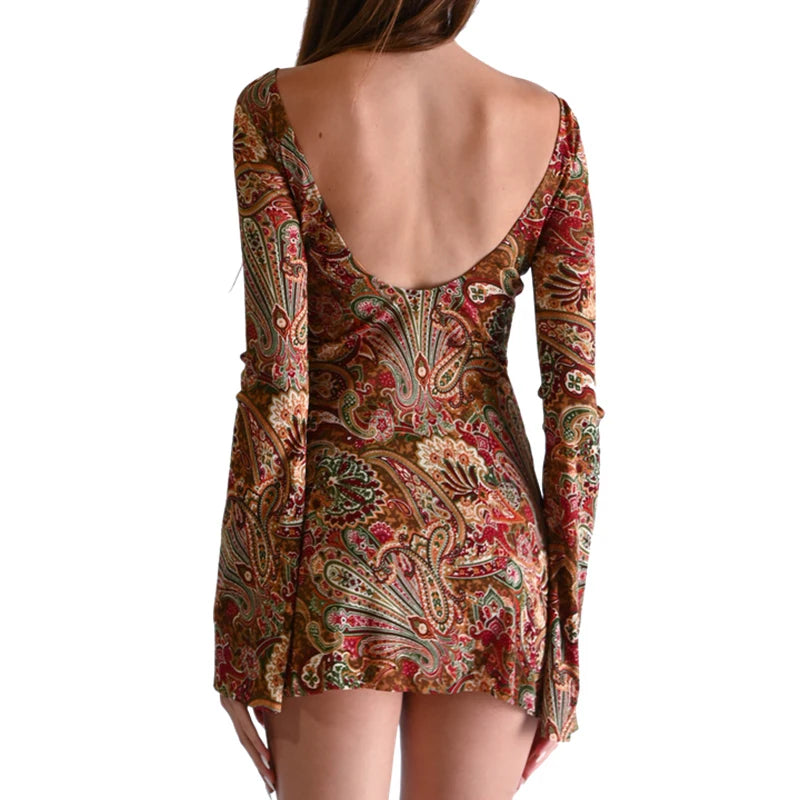 Black Mesh Mini Dress Backless Full Sleeve Dresses 90s Holiday Indie Graphic Clothing