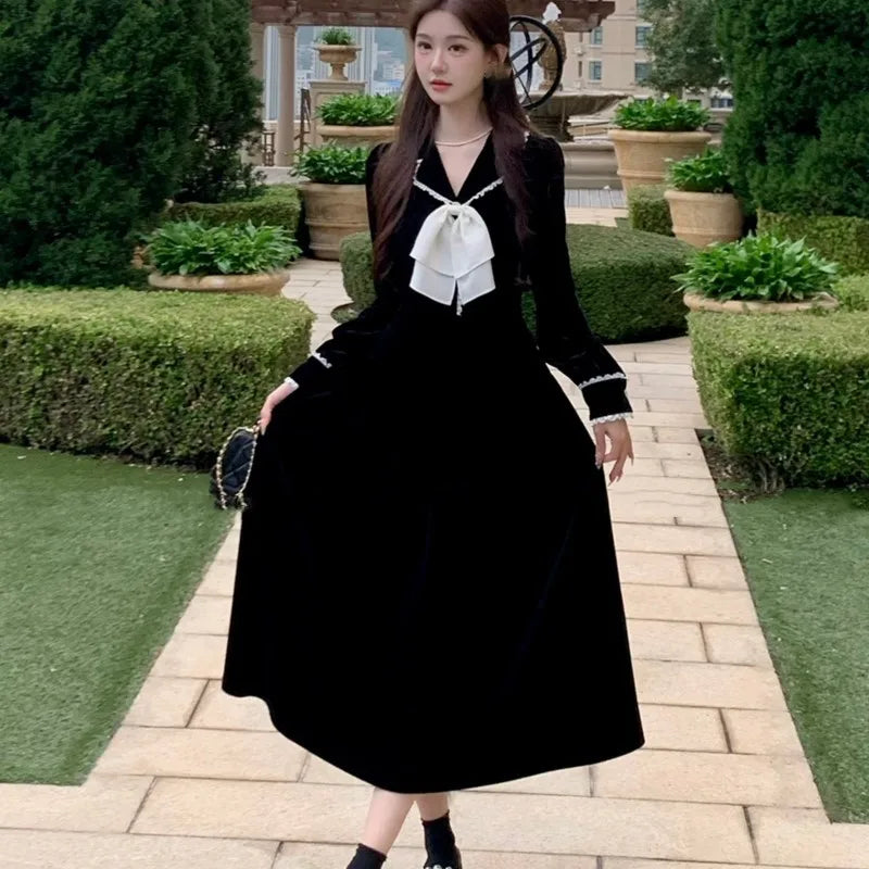 Lapel Midi Dresses for Bow Long Sleeve Birthday Party Dress A-line Autumn New Korean Vestido Mujer