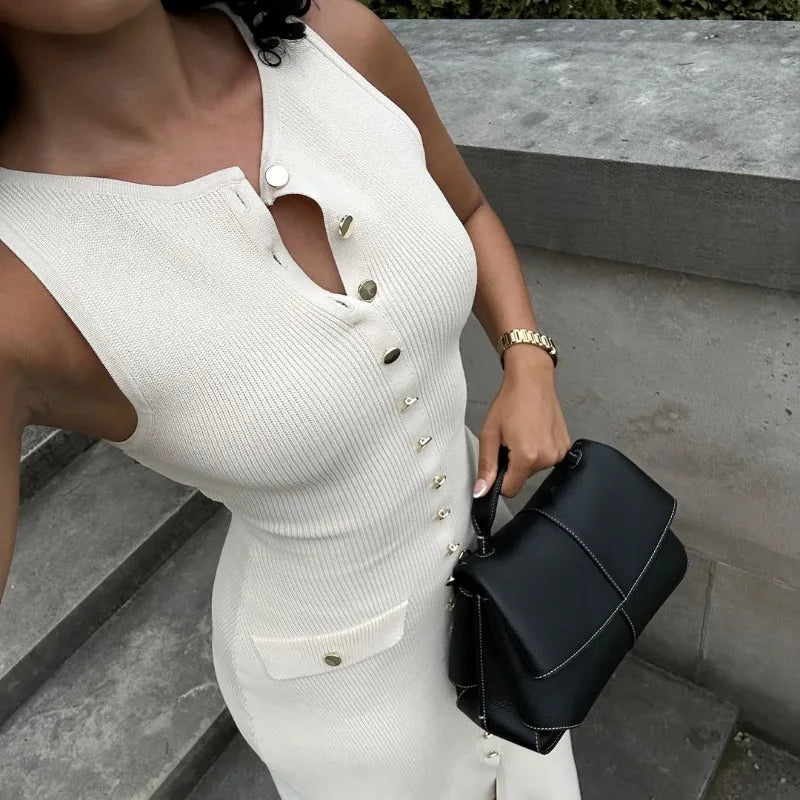 Knitted Long Dress for Sleeveless Button Maxi Sweater Bodycon Dresses Female Party Vestidos
