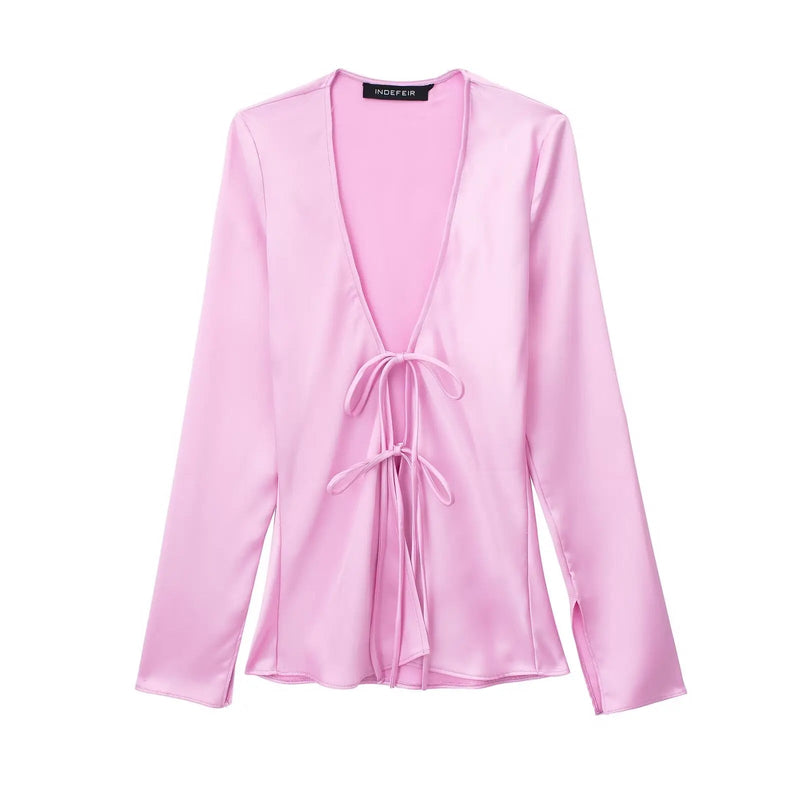Vneck Lace Up Satin Blouses Long Sleeves Color Shirt Top Female Versatile Tops