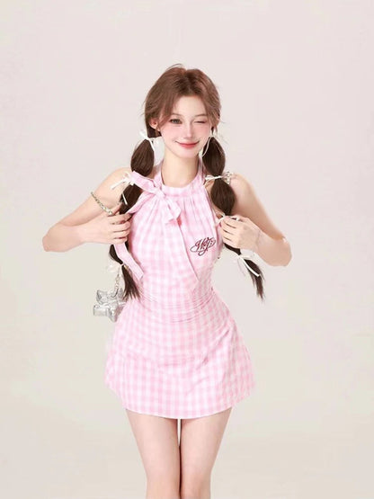 Summer Causal Sweet Plaid Mini Dress French Slim Party Dress Japanese Style Kawaii One Piece Dress
