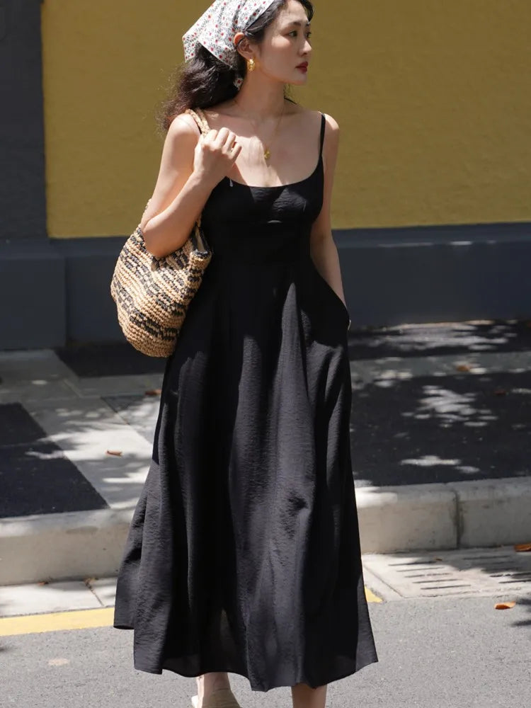 French Style Sleeveless Midi Dress Spaghetti Strap With Pockets A-line New Summer Korean Vestidos