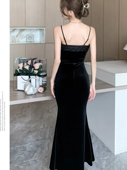 Autumn Winter Black Velvet Appliques Sling Long Dress Dress Korean Vintag Dance Party Night Dress