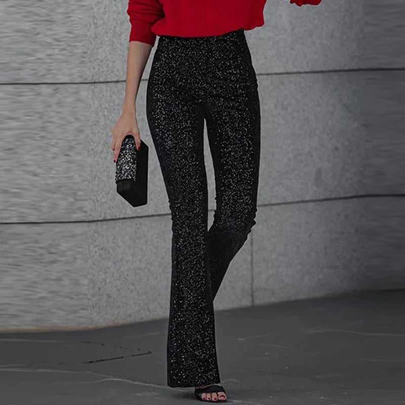 Spring Glitter Sequin Shiny Party Pants High Wiast Slim Flare Trousers New Autumn Straight Pant