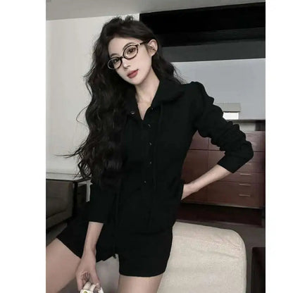 Sweet Hot Girl Suit Spring Turndown Collar Knitted Cardigan High Waisted Shorts Twopiece Set Female Clothes