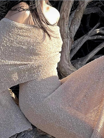 Beach Knitted Off the Shoulder Long Dress Slim Flare Sleeve Hollow Out Maxi Dresses Summer Lady Hip Package Robes