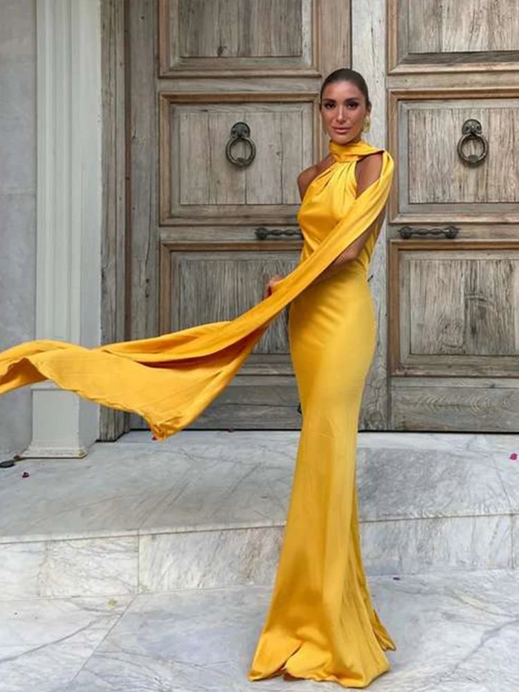 Satin Ribbon Halter Party Evening Dress Backless Off Shoulder Sleeveless Long Dresses Lady Robes