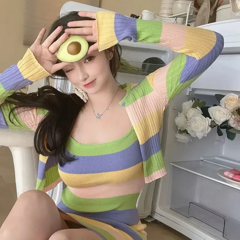 Sweet Hot Girl Suit Autumn and Winter Striped Slim Fit Wrap Hip Strap Dress Longsleeved Knitted Cardigan Twopiece Set