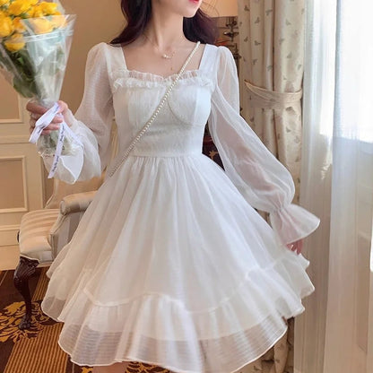 French Sweet Fairy Lolita Dress Long Sleeve Lace Mini Dress Kawaii Clothes One Piece Dress Korean Autumn