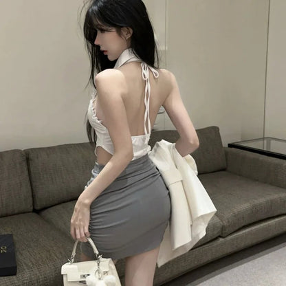 Party Mini Dresses Sleeveless Lace Patchwork Hollow Out Bandage Backless Slim Dress Clubwear