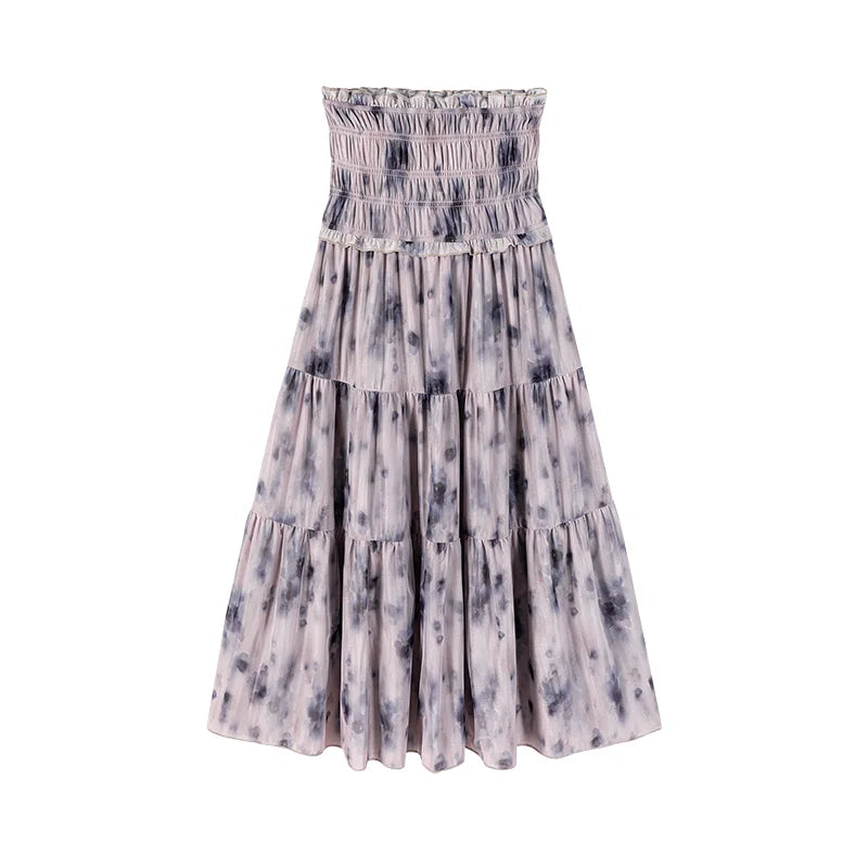 Summer 2 Piece Skirt Sets Sleeveless Blouse + Print Midi Skirt French Evening Party Suits