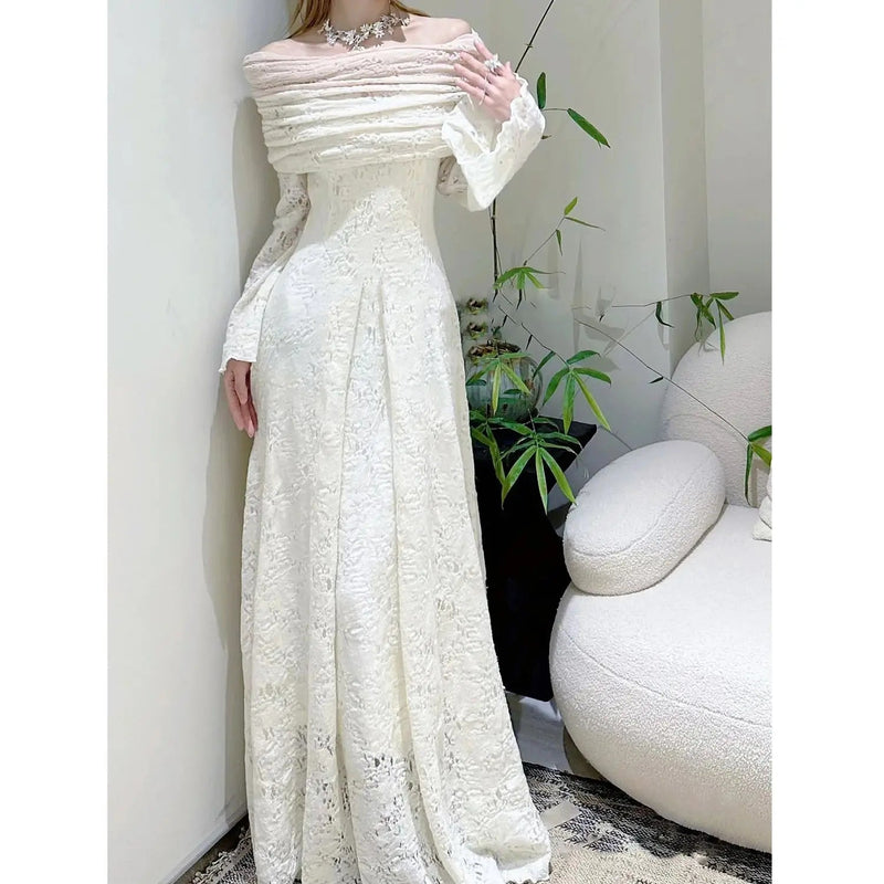 Autumn/winter Retro Flare Sleeve Off Shoulder Shawl White Dress Slimming Knitted Jacquard Fishtail Maxi Dress for