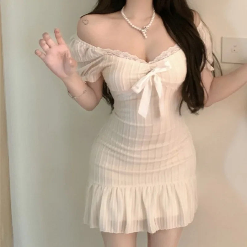 Ruffles Puff Sleeve Mini Dresses Y2k Spring Summer Vestidos Mujer Korean Bows Dress