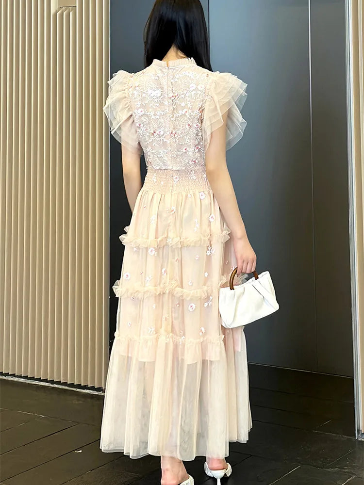 Temperament Flying Sleeve Embroidery Long Maxi Dress for Lace Splicing Mesh Party Dress