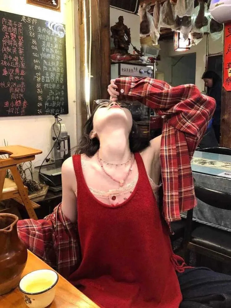 Spring Autumn Red Checkered Shirt Single Breasted Blouses Long Sleeved Sun Protection Top New